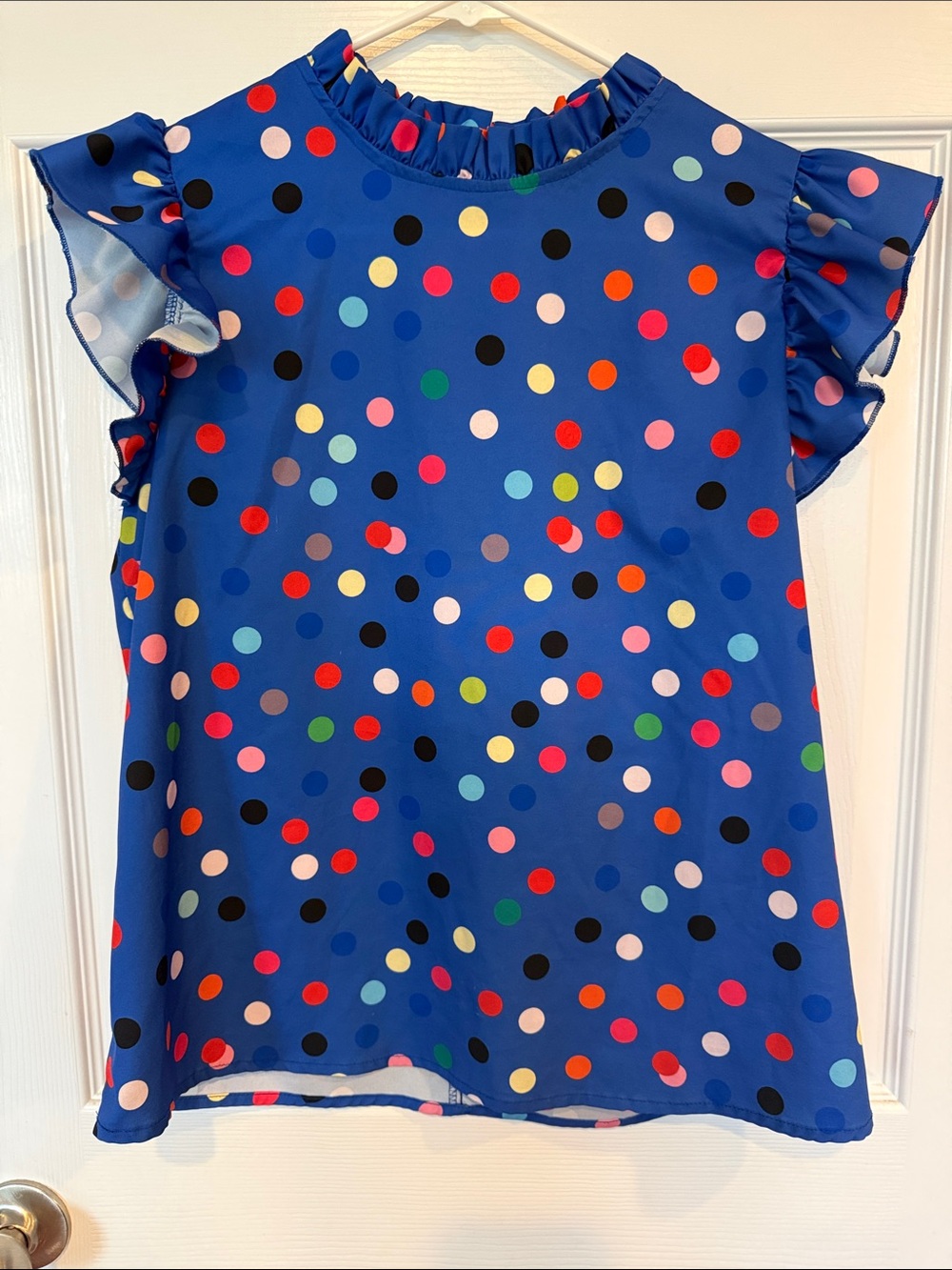 SHEIN Royal Blue Multicolor Polka Dot Ruffle Sleeve Top